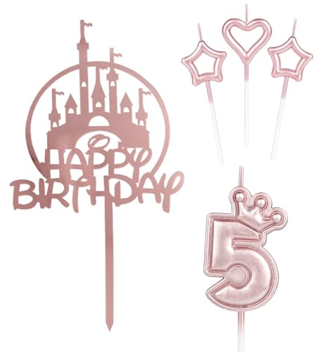 Happy 5th Birthday Castle Cake Toppers, Pink Crown Number 5 Candle, Cupcake Topper for Girls' Birthday Party & Wedding Anniversary Decorations