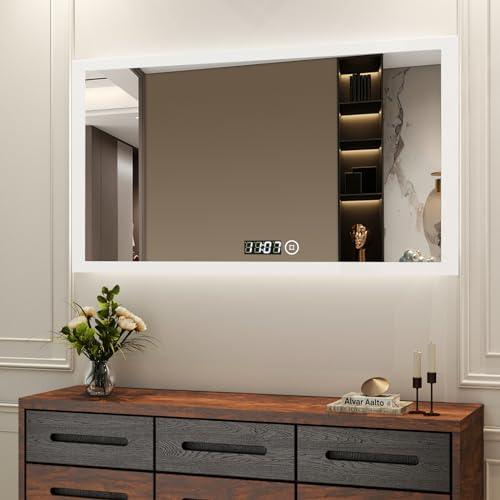 Boromal Badspiegel mit Beleuchtung und Uhr 100x60cm LED Spiegel mit Uhr Badezimmerspiegel Kosmetikspiegel Schminkspiegel Wandspiegel mit Touchschalter, 3 Lichtfarben Dimmbar, Uhr