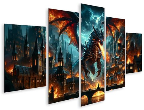 islandburner Wandbild Drache speit Feuer über der Stadt Fantasy Feuerdrache auf Leinwand Bilder Bild Poster
