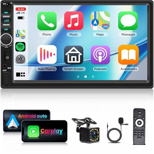 Double Din Car Stereo Carplay Android Auto, Rimoody 7 Inch 2 Din HD Touchscreen Car Radio with Car Play Android Auto Mirror Link, Backup Camera, Bluetooth, FM, EQ SWC/USB/TF/AUX Remote Control