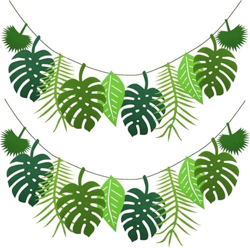 2 Pcs Tropical Palm Leaves Banner, Tropical Jungle Them Decorations, Tropical Leaf Banner, Faux Monstera Leaves Banner for Birthday, Summer, Luau, Jungle Summer Theme Party (5m in total)