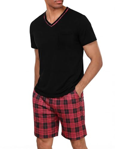Demegimi Ensemble De Pyjama Homme En Coton À Col V Et Manches Courtes Pour L'Été - Noir Et Rouge, Taille XL