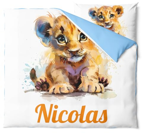 Pictogogo Personalisierte Baby Bettwäsche, Kinderbettwäsche, Bettwäsche Mit Namen, Babybett Komplett Set Mit Reißverschluss, Oeko-TEX Standard 100 (Löwenjunges, 80 x 80 cm)