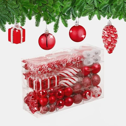 Relaxdays Weihnachtskugeln 72er Set, glitzernde, Matte & glänzende Baumkugeln, Stiefel, Herz & Zapfen, Kunststoff, rot