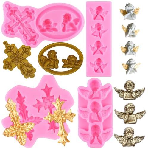 RFGHAC Engel Baby Fondant Formen Kreuz Silikonformen Für Taufe Kuchen dekorieren Cupcake Topper Süßigkeiten Polymer Clay Schokolade Blütenpaste 4er Set