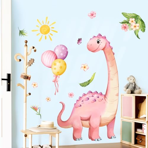 Supzone Wandtattoo Dinosaurier Große Rosa Wandaufkleber Dino Ballon Tropische Blumen Wandsticker Mädchenzimmer Abnehmbar Wanddekor für Kinderzimmer Babyzimmer Schlafzimmer Türen Wanddeko