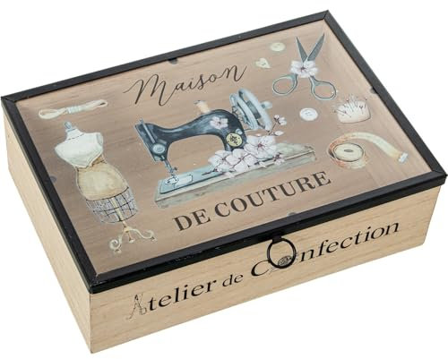 DRW Costurero Caja de Costura de Madera con Tapa de Cristal en Natural y Negro 25x17x8 cm