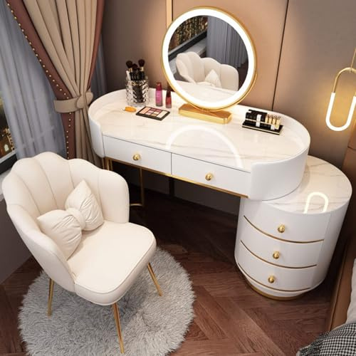 Schminktisch Mit Beleuchtung - 3 Farb-Beleuchtungsmodi, Holz Schminktisch Mit Großen Schubladen, Stuhl Hocker, Spiegel Und Lampe - Wohnmöbel Make-up Tisch Für Schlafzimmer
