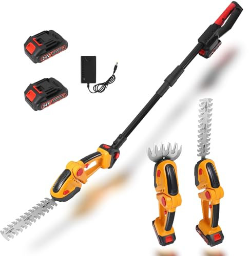 3 in 1 Akku Teleskop Heckenschere, Akku Grasschere und Strauchschere mit 2 * 1.5Ah Batterien, Heckenschere Teleskop bis zu 1.6 m Reichweite, Messerlänge 225 mm & 65mm, 90°Abwinkelbarer Kopf