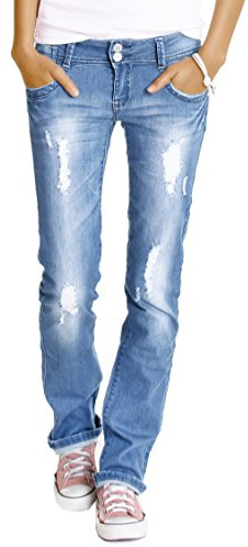 Generisch Hüftjeans Destroyed Bootcut Jeans Hose Vintage Look zerrissen gerades Bein - j28x-1-1 (DE/NL/SE/PL, Alphanumerisch, L, Regular, Regular, hellblau)