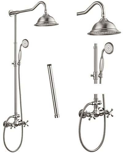 Shower Faucet Antique Brass 8 Inch Rainfall Shower Head 12 Inch Extension Tube Included Handheld Spray Shower Fixture Dual Knobs Mixer Bathroom Shower System Combo Set Wall Mount