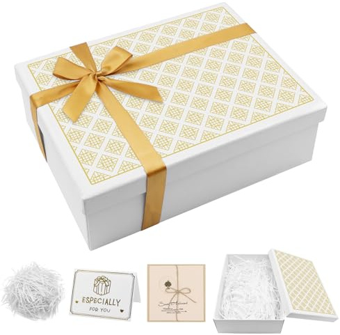 Geschenkbox mit Deckel, 25 × 18 × 8.5 cm Zusammenklappbar Geschenkbox Geburtstag mit Grußkarte,Umschlag, Bast und Schleife, Geschenkkarton mit Deckel für Hochzeit Geburtstag Weihnachten (Weiß)