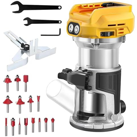 Akku Oberfräse kompatibel mit Dewalt DCB 18V-20V Akku, 800W Oberfräse | Trimmer Einhandfräse, Bürstenloser Kantenfräser mit 6 Geschwindigkeit, 30.000 U/min Akku-Holzfräser (no Akku)