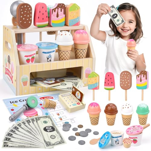 Qufby Eisdiele aus Holz, 46-Teiliges Eisdielen-Spielset, 8 Eistüten-oder 2 Eisbecher-Sorten, Inklusive Spielzeug-Banknoten und Münzen, Taschenrechner und Bankkarten, Geschenke Mädchen 3 4 5 6 Jahren
