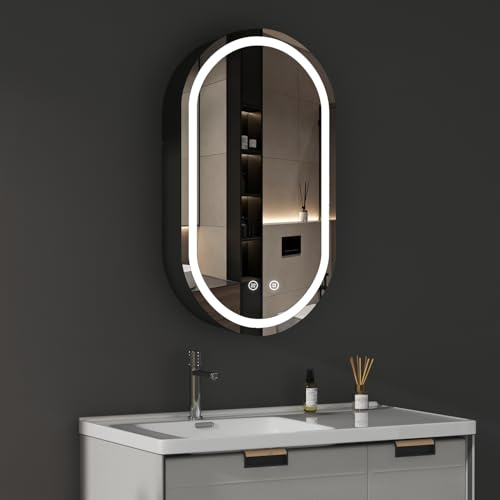 WDWRITTI LED Ovaler Spiegelschrank mit Beleuchtung 40x70x13cm Badezimmerschrank, Bad Metall Badschrank Medizinschrank Spiegel Kabinett mit 3-Farben Dimmbar, Touch, Beschlagfrei
