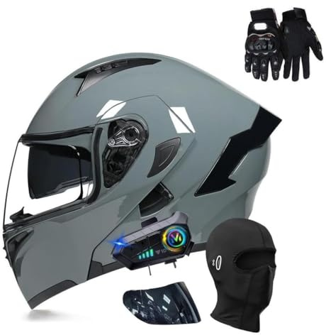 Casco Moto Apribile Bluetooth, Omologato ECE Integrale Casco con Doppia Visiera Parasole(C14,L58~59CM)