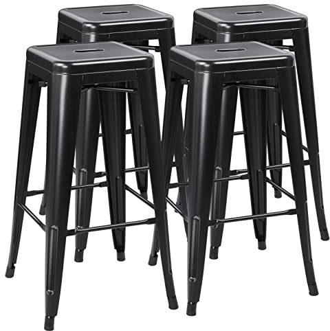 Yaheetech Metal Bar Stools Set of 4, Counter-Height Kitchen Stools, Indoor/Outdoor Backless Stackable Chairs for Dining Room/Kitchen/Restaurant/Bistro/Patio/Cafe, 76.5CM High, Black