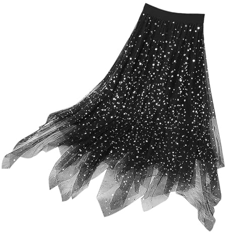 Faldas de tul con lentejuelas y estrellas para niñas pequeñas, falda larga con lentejuelas, tutú, falda baja alta, falda acampanada brillante con cintura elástica, Negro , 13-14 años