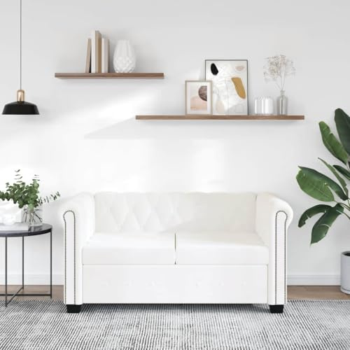 Owoxanthellate Chesterfield 2-Sitzer Sofa Kunstleder Weiß 145,5x76x70 cm Retro Knopfheftung Robustes Holzgestell Modernes Design Komfort für Wohnzimmer Home Office oder kleine Flure