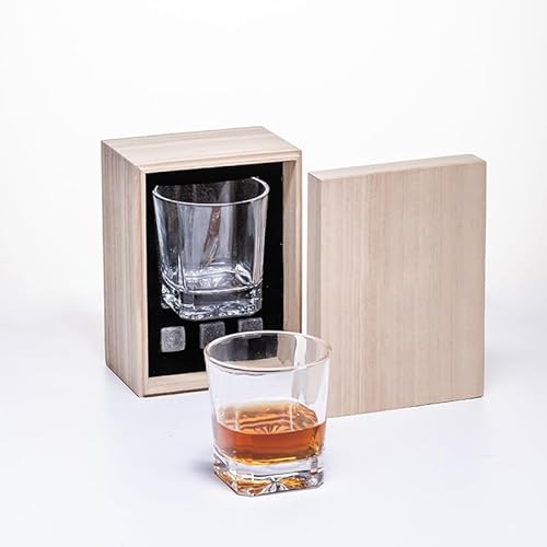 Hotplex Juego de regalo de vasos de whisky con caja de madera, cuadrado de 10 onzas y 3 piedras de hielo, vaso premium de 3.8 pulgadas para amantes