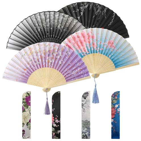 saerryor 4 Pcs Folding Hand Fans Set, Vintage Sakura Silk Bamboo Fans | with 4 Delicate Bags Tassel, Chinese Vintage Style Women Handheld Fan for Wedding Favours Party Decoration Travel