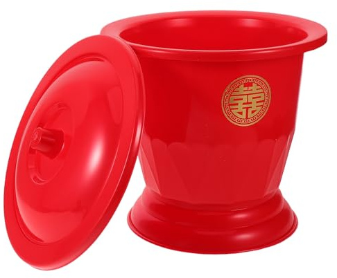 TOGEVAL Escupidera Roja Portátil para Bodas con Tapa, Cubo de Inodoro de Plástico Compacto para Cuidado Domiciliario y Viaje, Bacinilla Tradicional China para Uso en Ancianos y