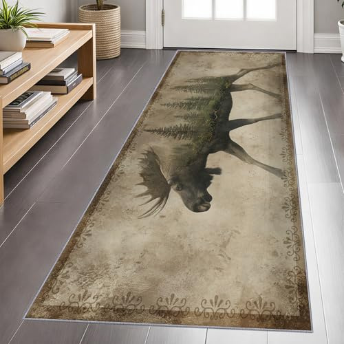Rustic Cabin Hirsch Teppich Läufer Flur 60x150cm, Vintage-Elch Teppichläufer, Landhaus-Lodge Küchenläufer, rutschfest Teppich für Wohnzimmer, Flur, Küche, Eingang, Esszimmer
