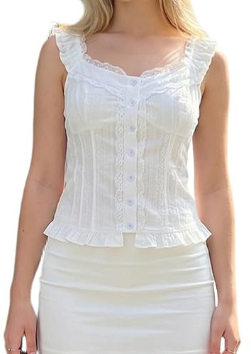 Women Lace Button Down Knitted Vest Going Out Crop Shirt Summer Sleeveless Slim Fit Dressy Cami Top (A-White, L)
