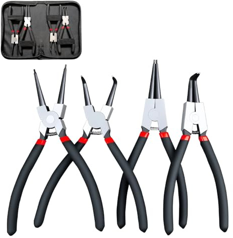HH-uytnglo 4 Teiliges Sprengringzange Innen und Außen Sprengring Set mit Aufbewahrungstasche Sprengringzangen Set für Mechanik, Reparatur, Montage, Stahlzangen mit Rutschfestem Griff 170mm Schwarz