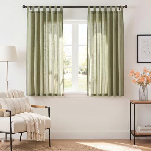 TOPICK Gardinen mit Schlaufen Leinenoptik Vorhänge 2er Set H145xB140 Grün | Lichtdurchlässig Gardinen Wohnzimmer boho landhausstil blickdicht Vorhänge Schlafzimmer Curtains Living Room Fertiggardinen