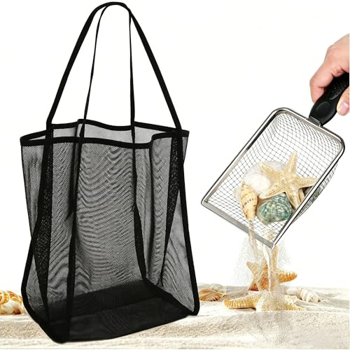 Hayaww Groß Strandtasche Strandspielzeug Tasche Strand-Netz-Schaufel Netztasche Sand Tasche mit Sand Schaufeln Strand Sieb Filter für Abholung Muscheln Sammeln Reptil im Freien (A)