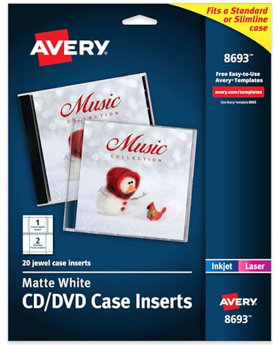 Avery® Printable CD Jewel Case Inserts, Matte White, Laser & Inkjet Printer Compatible, 20 Standard and Slimline Inserts, Ideal for CDs, DVDs, Presentations, Portfolios, and More (8693)