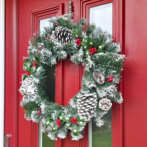 Garden Mile Marco Paul 50cm Large Snow Covered Christmas Wreath with Pine Cones & Berries Artificial Pine Hanging Door Decoration for Front Door Outdoor Xmas Home Décor Festive Display