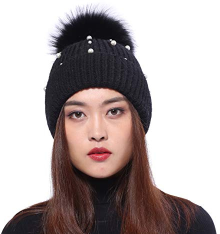 Damen Strickmütze schöne Baskenmütze Winter Mütze Bommelmütze Beanie Waschbär Fell Bommel mit Perle