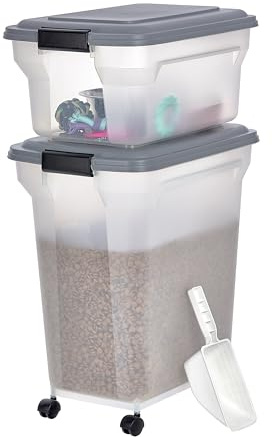 Iris Ohyama, Contenitore per Crocchette, 45L+20L, Grigio, Ermetici, Contenitore per Alimenti in Plastica con Coperchio, con Ruote, Per Cibo per Gatti, Cani, Cibo secco, Dolci, Scatola, ATS-C