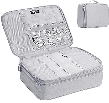 TsunNee Elektronische Tasche Organizer, tragbare Elektronik-Zubehör-Aufbewahrungstasche, für Kabel/Adapter/Powerbank/Speicherkarten/Externe Festplatte, mit 2 Fächern, Grau