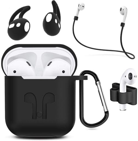 MMOBIEL Custodia antiurto in silicone compatibile con AirPods 1/2 Cover protettivo Skin 6in1 Set con Clip Ganci per orecchie Cinturino (Nero)