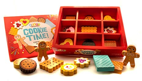 Woody Treasures träleksaker – låda med kakor, småbarnsleksaker – 18-delars kaklådor för barn 3 år och uppåt – premium kvalitet trä lekmat set för födelsedag, låtsaslek för pojkar och flickor