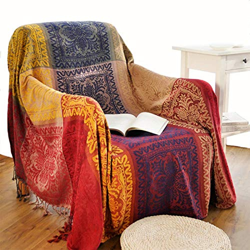 Boho Throw Blanket, Chenille Jacquard Tassels Throw Blankets for Bed Couch Soft Chair， Bohemian Fringe Tassels (Red, S:60x75