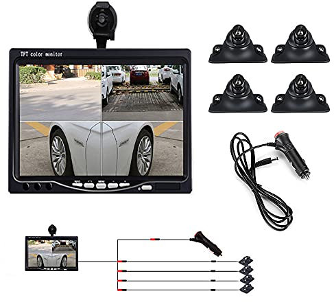 SATSAT Monitor per Auto TFT HD da 7 Pollici, Display per Auto 4 Diviso + 4 Telecamere per Auto Fotosensibili, Sistema di Immagine di Retromarcia Panoramica A 360 °, Installazione Non Distruttiva,LED
