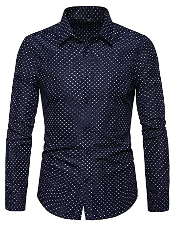 YAOTT Homme Haut élégant Chemise à Pois Chemise à Manches Longues et Coupe ajustée et Infroissable Top en Coton sans Repassage Chemise Travail d'affaires Chemise Popelin Formelle Bleu foncé 5XL