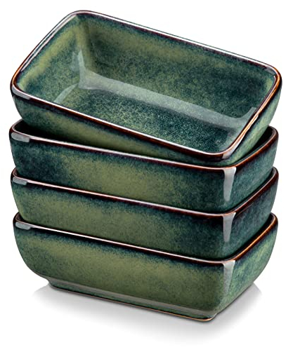 vancasso Stern Green 4-Piece Saucer Dish Set, Reactive Glaze Dipping Snack Bowl, Ceramic Small Serving Dish/Condiment Dish/Seasoning Bowl/Sushi Soy Dish, Rectangular. (11.5x6.8x4cm)