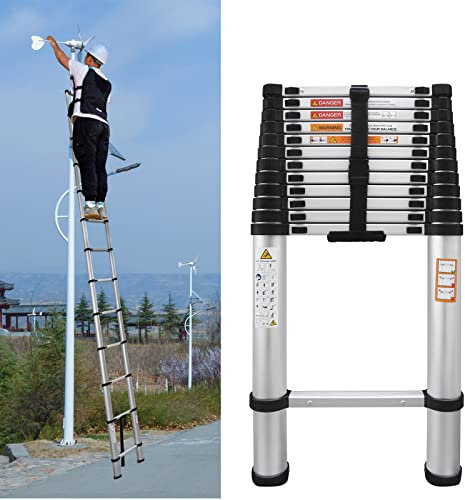 Teleskopleiter Aluminium 3,8M, Rutschfester Tragbare Loftleiter Stehleiter mit 12 Sprossen, Mehrzweckleiter Ausziehleiter, 150kg Tragkraft, EN131