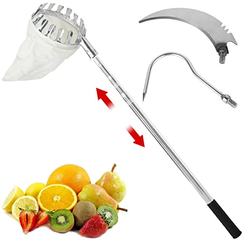 Protoiya Fruit Picker Tool, Fruit Picking Harvester with 60 in Telescopic Extendable Pole and Non Slip Grip Handle, Fruit Picking Equipment for Apple Pear Lemon Orange Harvesting