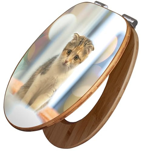 banjado Design WC Sitz Bambus Absenkautomatik 45,8x37,5cm / Toilettendeckel mit Absenkautomatik Holz/hochwertiger Bambus Klodeckel/WC-Sitz für gängigen Toiletten/Motiv Kleine Katze