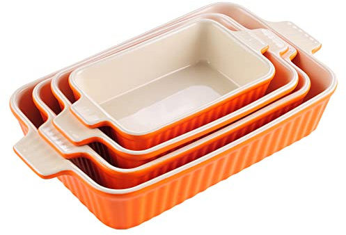 MALACASA Bakeware Set of 4, Porcelain Baking Pans Set for Oven, Casserole Dish, Ceramic Rectangular Baking Dish Lasagna Pans for Cooking Cake Kitchen, Orange(9.4/11.1/12.2/14.7), Series Bake.Bake