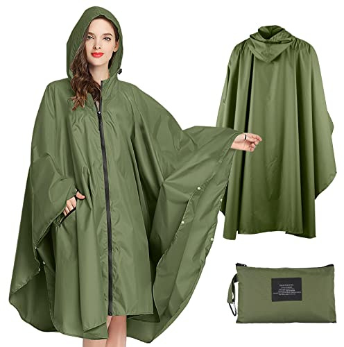 SOPPY Regenmantel für Frauen, Langer Regenponcho wasserdichte Regenbekleidung Regenjacke Winddichte Regencape Raincoat Regenschutzbekleidung mit Pattentasche Kapuze Tunnelzug