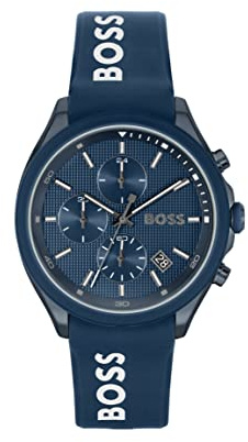 BOSS Herren 44 mm Chronograph Quarz Uhr Velocity Kollektion mit Silikonarmband, Datumsfunktion, 3 Sub-Dials, 5ATM Wasserresistenz