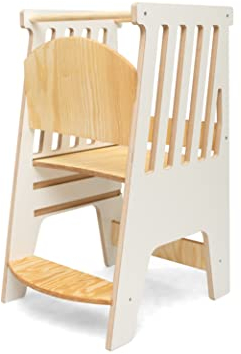 Lernturm Höhenverstellbar Cleo Learning Tower - 82x40x50 cm | Kinderhochstuhl Aufstiegshilfe Kindertritt Kinder Hocker | Montessori Tritthocker | Helferturm Hochstand Kinderhocker (Weiß - Holz)