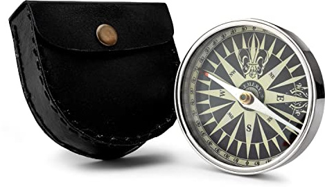 NKlaus Kompass Maritim mit Leder-Etui aus Messing verchromt, 1 Stück | 8,5x8,5x2,5cm; 100g; 25g; 7,5cm; 1,3cm
